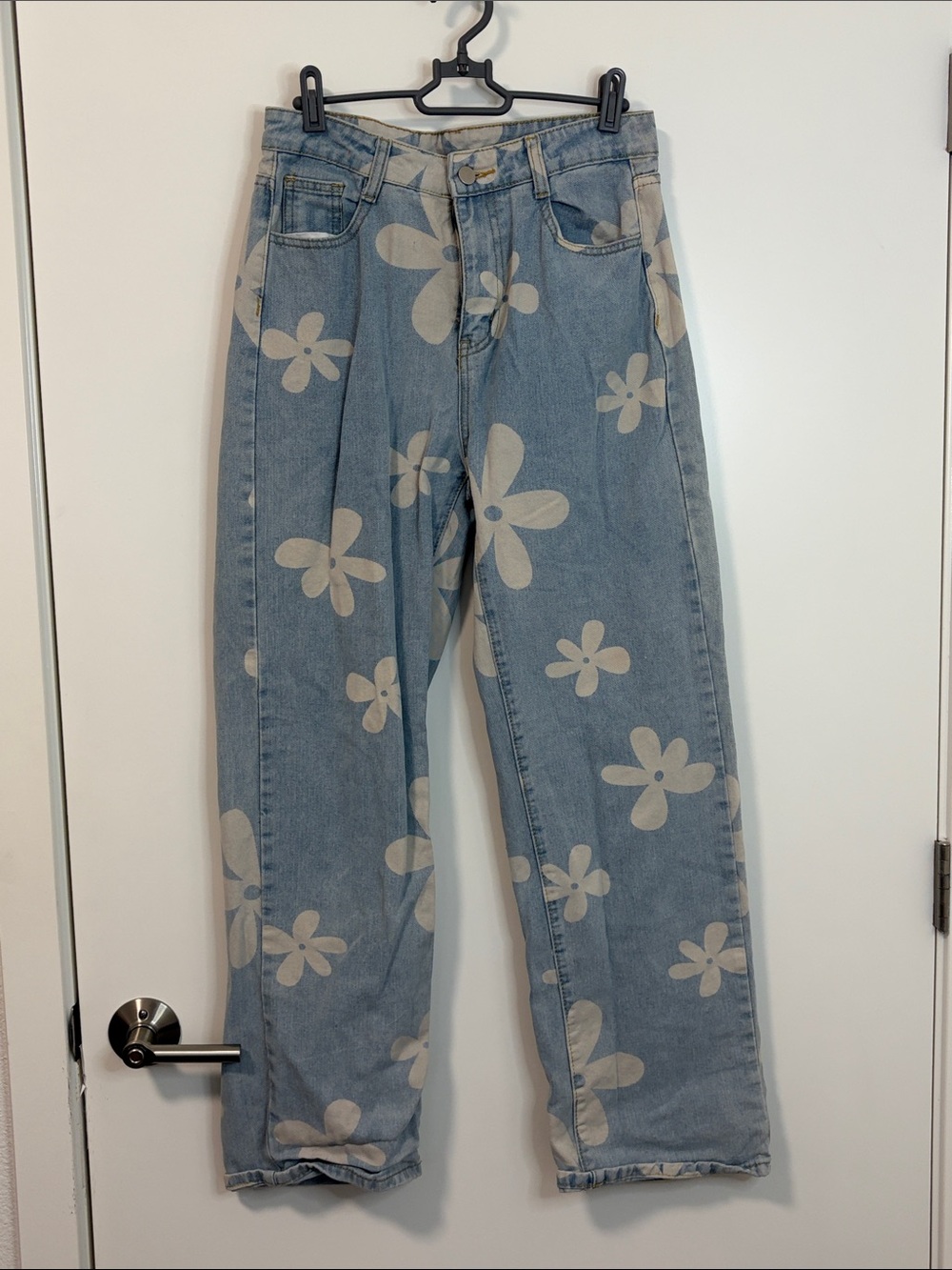 SHEIN Light Blue Jeans with Cream Floral Print - Straight Leg